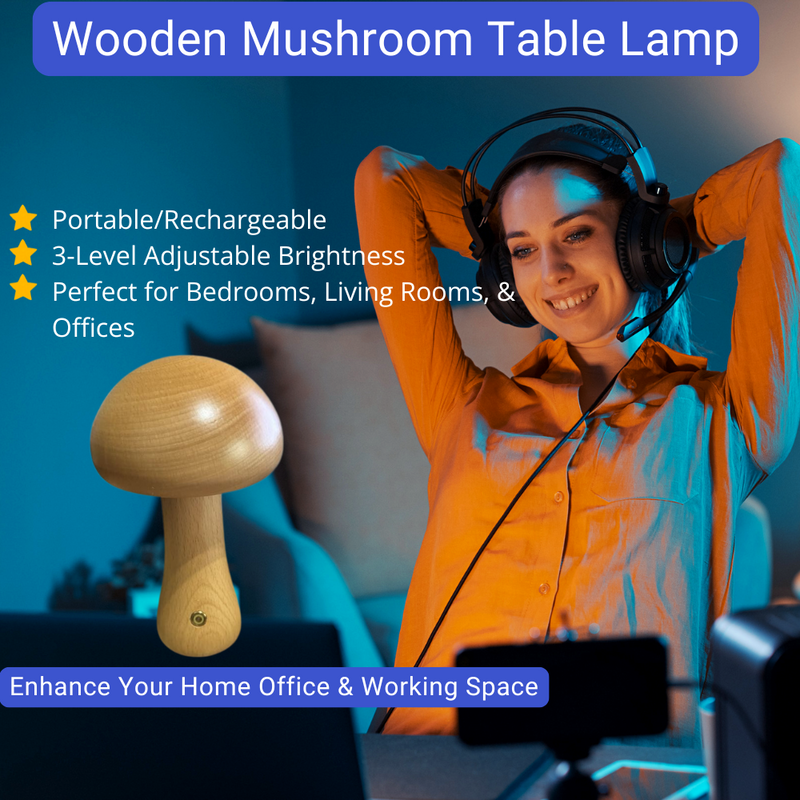 Cordless Wooden Mushroom Table Lamp