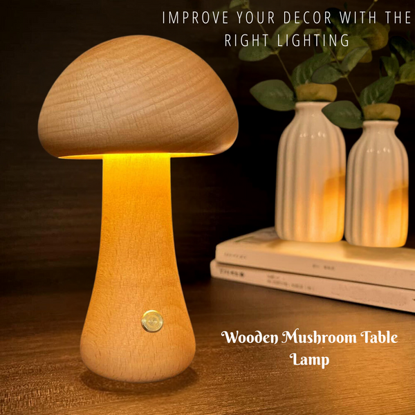 Cordless Wooden Mushroom Table Lamp